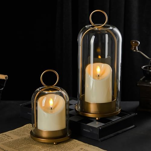 5"&4" Metal Candle Holder with Handmade Glass Dome in Brass & 2 Timer Candles, Set of 2 Versatile Hurricane Glass Candle Holders for Pillar Candles & Plants - Image 5