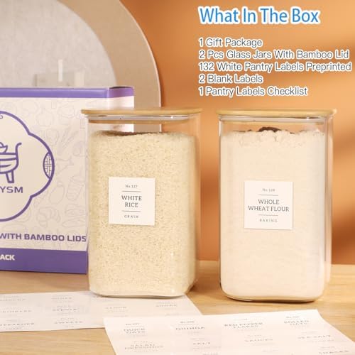 2 Pack large Square Glass Flour and Sugar Containers with 132 Kitchen Pantry Labels - Thicken 149 floz Glass Storage Jars with Airtight Bamboo Lid - Big Rice Canisters for Coffee, Pasta, Cereal - Image 2