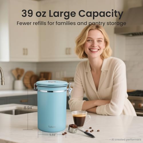 Veken Coffee Canister,39OZ, 2.2lbs,Large Airtight Stainless Steel Container - Image 2