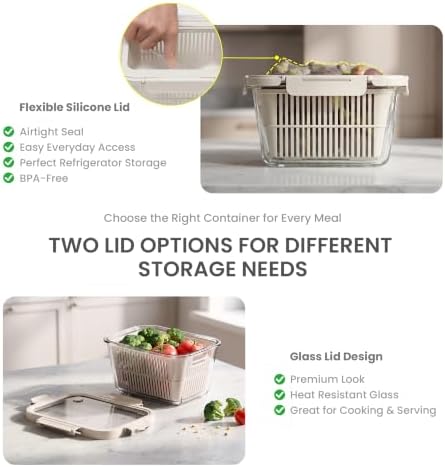 GENICOOK 2 Set Large Glass Produce Containers for Fridge with Colanders - Image 6