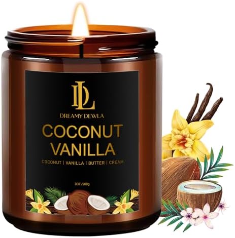 Coconut Vanilla Candles, 7oz Vanilla Coconut Scented Candle, Natural Soy Candles for Home Scented, Long Lasting with 50 Hour Burn Time, Gifts for Men Women by DLDREAMYDEWLA