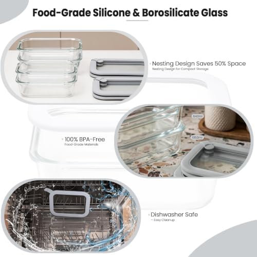 Taree Glass Food Storage Containers with Glass Silicone Lids,22/35oz,Grey - Image 5