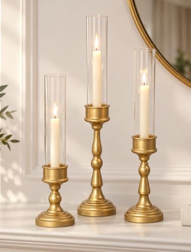 Romadedi Glass Hurricane Candle Holder, Gold Candlestick Holders, Set of 3 by ROMADEDI