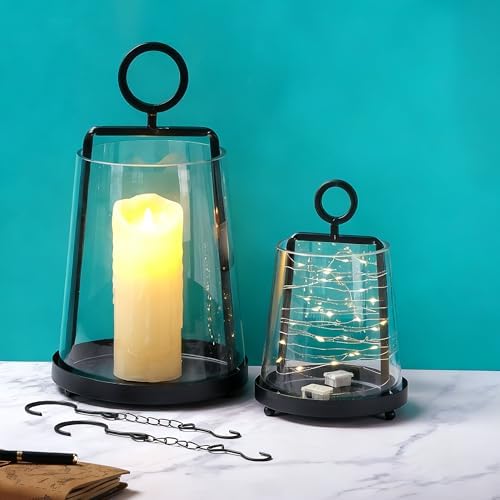 9" & 6" Wide Modern Farmhouse Metal Hurricane Candle Holder with Handmade Sturdy Glass Sleeve in Black for Pillar Candle & Plants, Glass Hurricane Lantern, Industrial, Minimalistic - Image 4