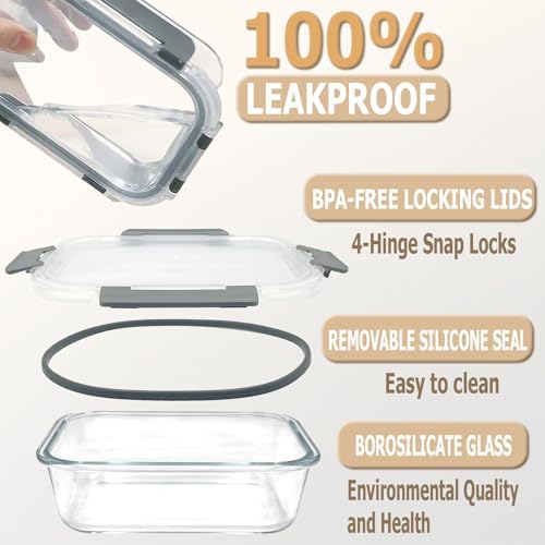 5 Packs 36oz Glass Food Storage Containers with Lids, Stackable Borosilicate Glass Bowls Meal Prep Lunch Containers Microwave Oven Freezer Safe (Gray-5) - Image 4