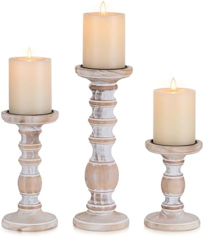 Wood Pillar Candle Holder: Rustic Distressed White Candle Stand by CreatedforWeddingsandHome