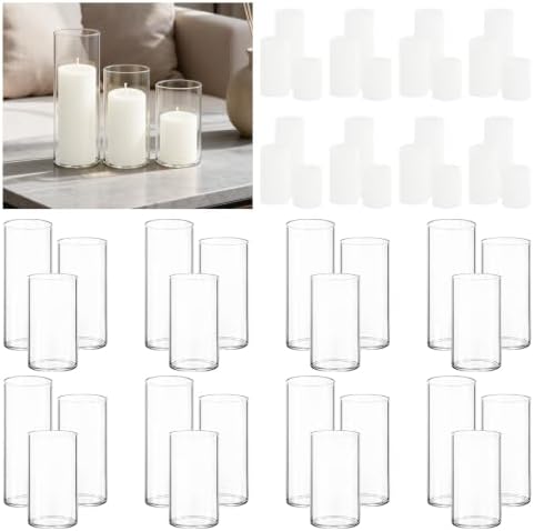 24-Pack White Pillar Candles (2''X3,4,6) & 24-Pack Glass Cylinder Vases(2.6''X5,6,8),Hurricane Candles,Wedding Centerpiece Decor Set-Mixed Heights for Table, Proposal, Event. by Veiuwa