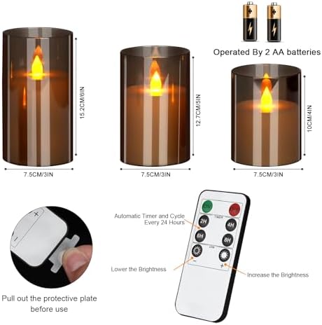 wemarry Flameless Candles 4" 5" 6" Acrylic Glass Pillars 3" Diameter Battery Operated Flickering Candles Include 8-Key Remote with Timer Function 400+ Hours (Gray, Warm Light 12 Pack) - Image 6