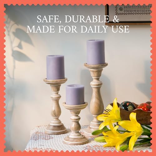 Mela Artisans Mango Wood Candle Holders - Whitewash Finish, Set of 3 - Image 4