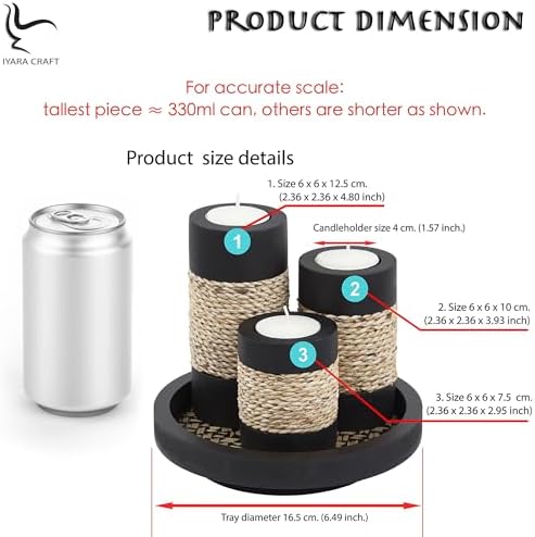 IYARA CRAFT Candleholder Set with Tray, Set of 3 Rustic Black Wooden Tealight Candle Holders with Natural Rope Accent, Coffee Table Centerpiece, Farmhouse Home Decor, Housewarming - Image 3