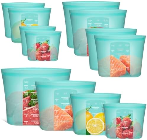 Reusable Storage Bag, 8 Pack 100% Silicone Food Storage Bags Stand Up Zip Lock Bags for Food Container, Freezer Microwave Oven Dishwasher Safe, 2 X-Large(0.8 Gallon) 2 Medium 2 Small 2 X-Small, Aqua by Annaklin