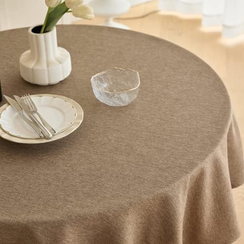 Decorelia Waterproof Kitchen Faux Linen Round Tablecloth, Decorative Fabric Burlap Texture Farmhouse Soft Table Cloth Cover for Dining Party Indoor Outdoor Use (60 Inch, Round (2-4 Seats), Coffee) - Image 2