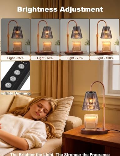 Candle Warmer Lamp with Timer & Dimmer, Adjustable Height Glass Candle Warmer for Jar Candles, Smoky Grey Crystal Shades Brass Electric Wax Melt Lamp with 2 Bulbs - Image 3