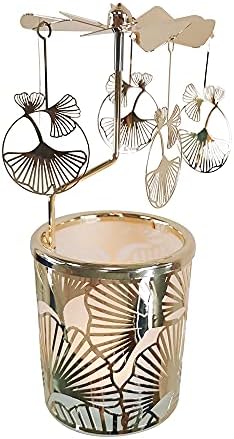 kingnero Gold Rotary Candle Holder Spinning Tea Light Candlestick Windmill Carousel Candle for Children's Gifts Christmas Birthday Party and Home Decoration (Golden Apricot Leaves) by kingnero