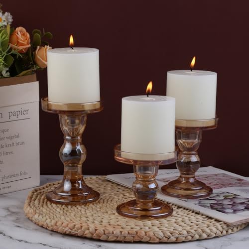 6-Piece Set of Amber Glass Candlestick, Crystal Candlestick Holder Holder and Conical Candle, Christmas Candle Holder Decoration, Family Living Room Wedding Candle Holder (Amber 2sets) - Image 5