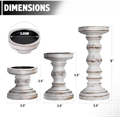 Candle Holder for Pillar Candle Set of 3, Farmhouse Wood Candle Holder, Rustic Wooden Candle Stand, Vintage Tall Candle Stand Decorative for Living Room, Table Centerpiece,White - Image 4