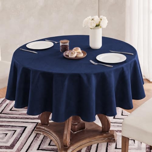 Veblandy Faux Linen Round Tablecloth 60 inch, Table Cloth Wrinkle Free Decorative Fabric Waterproof Table Cover for Dining/Party/Buffet/Wedding, Navy Blue - Image 2