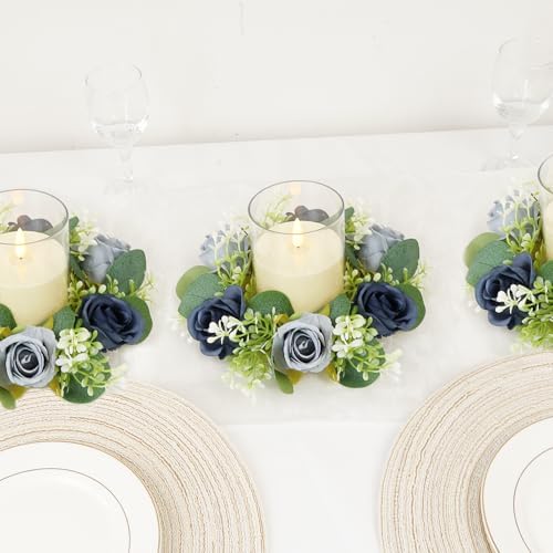 Blue Rose Candle Rings with Flameless Candles Sets - 24PCS Artificial Flower Eucalyptus Wedding Centerpiece 3 Inch Pillar Candleholders Wreaths for Wedding Party Decor (Blue - 12 Sets) - Image 5