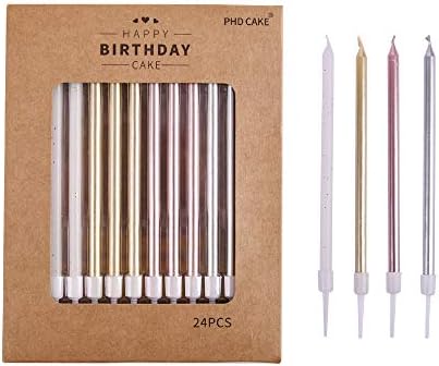 PHD CAKE Gold, Silver, Rose Gold, White, Long Birthday Candles in Holders, Cake Candles, Birthday Parties, Wedding Decorations, Party Candles, Celebrations by PHDCAKE