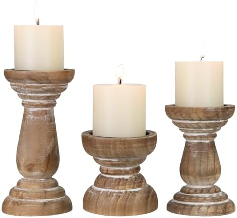 Candle Holder for Pillar Candle Set of 3, Farmhouse Wood Candle Holder, Rustic Wooden Candle Stand, Vintage Small Wooden Candlestick HoldersDecorative for Living Room, Table Centerpiece (Brown) by CEDARLUX