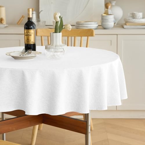 Decorelia White Faux Linen Round Tablecloths 70 inch, Waterproof Decorative Washable Texture Rustic Circle Table Cloth Cover for Dining Kitchen Party Farmhouse Outdoor (Round (4-6 Seats),White) by Decorelia