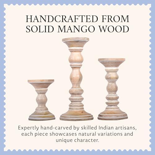 Mela Artisans Mango Wood Candle Holders - Whitewash Finish, Set of 3 - Image 5