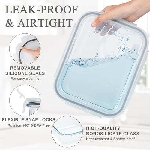GEHE 9.8 Cup / 78 Oz Large Glass Food Storage Containers with Lids, 2 Pack Glass Meal Prep Containers Set with Airtight Locking Lids - Storing Food, Baking, Leakproof, Freezer, Microwave & Oven Safe - Image 4