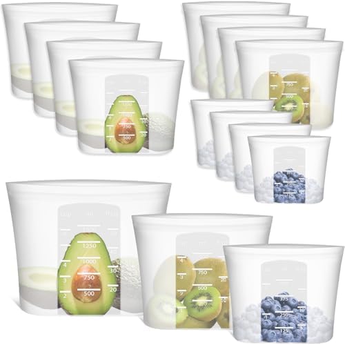 Reusable Storage Bag, 12 Pack 100% Silicone Food Storage Bags Stand Up Silicone Zip Lock Bags for Food Container, Freezer Microwave Oven Dishwasher Safe, 4 Medium 4 Small 4 Extra Small, Translucent by Annaklin