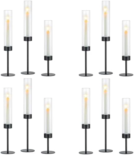 Hewory Black Hurricane Candle Holders: 12 PCS Tall Taper Candlestick Candle Holders Bulk for Candlesticks Candle Sticks Holder Decor for Table Centerpiece Wedding Party Christmas Decorations by Hewory