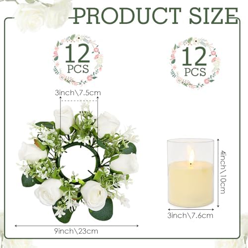 White Rose Candle Rings with Flameless Candles Sets - 24PCS Artificial Flower Eucalyptus Wedding Centerpiece 3 Inch Pillar Candleholders Wreaths for Wedding Party Decor (White - 12 Sets) - Image 2