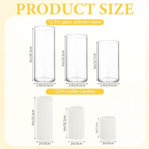 12-Pack White Pillar Candles (2''X3,4,6) & 12-Pack Glass Cylinder Vases(2.6''X5,6,8),Hurricane Candles,Wedding Centerpiece Decor Set-Mixed Heights for Table, Proposal, Event. - Image 2