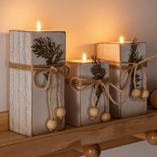White Farmhouse Candle Holder with Flameless LED Candles Farmhouse Decor 3p - Image 6