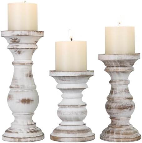Candle Holder for Pillar Candle Set of 3, Farmhouse Wood Candle Holder, Rustic Wooden Candle Stand, Decorative Wood Candlestick Holders for Living Room, Table Centerpiece (Antique White) by CEDARLUX