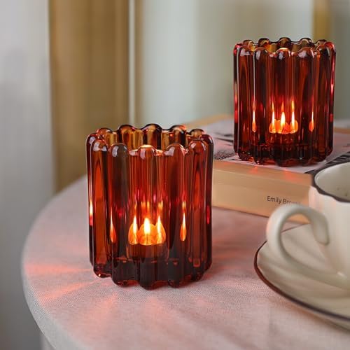 12PCS Glass Amber Votive Candle Holder, Ribbed Tealight Candle Holders - Image 6