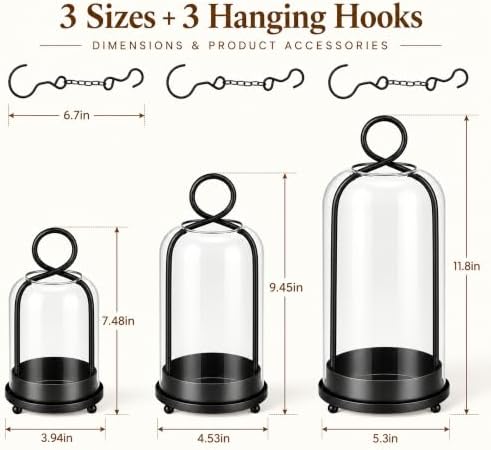 Hurricane Glass Candle Holders Set of 3, Metal Candle Lanterns with Hooks - Image 3