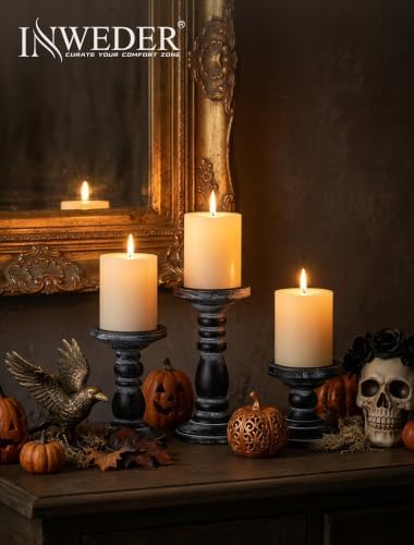 Wood Pillar Candle Holder: Rustic Distressed Black Candle Stand - Image 3