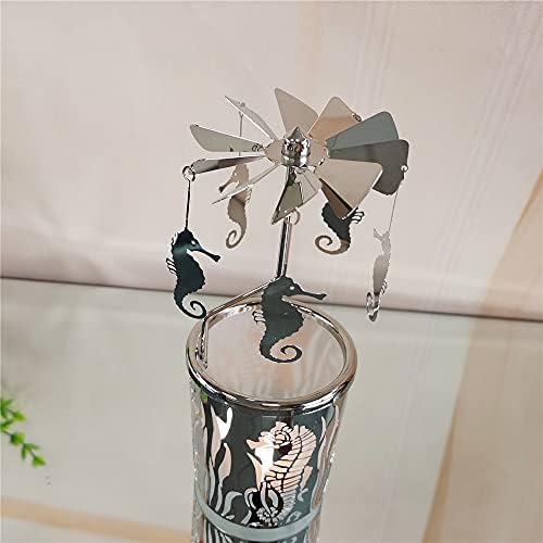 kingnero Gift Carousel Candle Tea Light Holder Rotary Candleholder Metal Windmill Candlestick Spinning Candle Holder for Home Decor (Hippocampus Silver) - Image 2