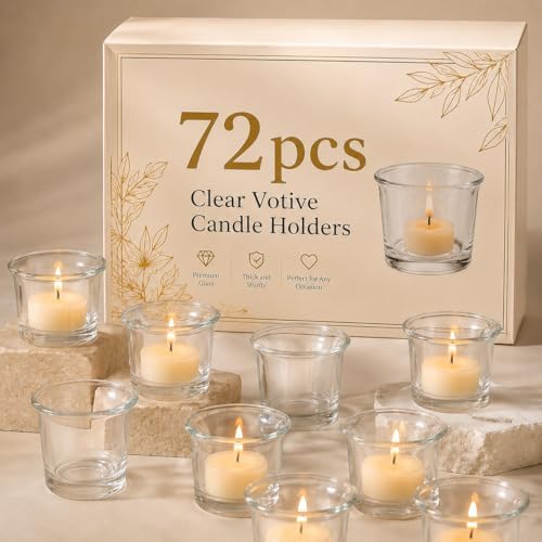 Letine 72-Pack Clear Glass Tealight Candle Holders - Thick Sturdy Votive/Tealight Holders Bulk for Wedding, Party, Home Decor | Perfect Replacement for Wall Sconces, Candelabras & Fireplace Screens by LETINE