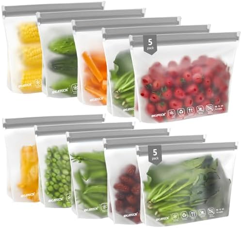 IDEATECH Quart Freezer Bags, BPA Free PEVA Reusable Sandwich Snack Bags, Quart Size Food Baggies Containers for Travel, Lunch, Healthy Food (Grey, 10Pack-10Quart) by IDEATECH