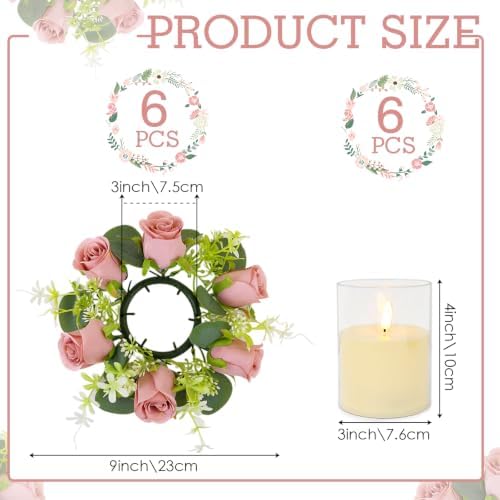 Dusty Pink Rose Candle Rings with Flameless Candles Sets - 12PCS Artificial Flower Eucalyptus Wedding Centerpiece 3 Inch Pillar Candleholders Wreaths for Wedding Party Decor (6 Sets) - Image 3