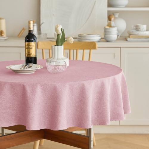 Decorelia Faux Linen Texture Waterproof Round Tablecloth 60 inch, Pink by Decorelia