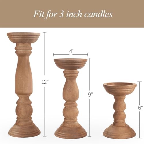 BANOMII Farmhouse Wooden Candle Holders for Pillar Candles Set of 3, Rustic Wood Candle Holder Table Centerpiece Decor, 12'' 9'' 6'' Vintage Tall Candle Stand Decorative, Brown - Image 3