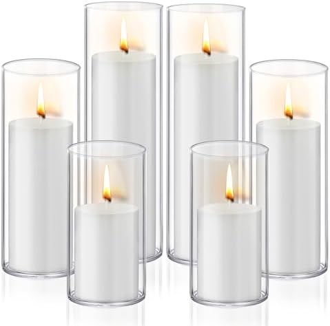 Homjoy 12 PCS White Pillar Candles with Glass Candle Holders Clear Hurricane Candle Holders Glass Cylinder Vases for Centerpieces Wedding Party, Event, Home Office (6 Candles+6 Candle Hoders) by Homjoy