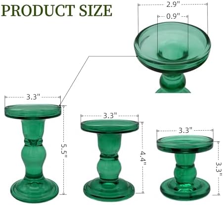 Green Glass Candle Holders Set of 3 Clear Candlestick Holders Vintage Candle Stands for Pillar Taper Candle Tealight Home Decor Table Centerpieces Christmas, Candleholder Sets with 4 Pcs Taper Candles - Image 2