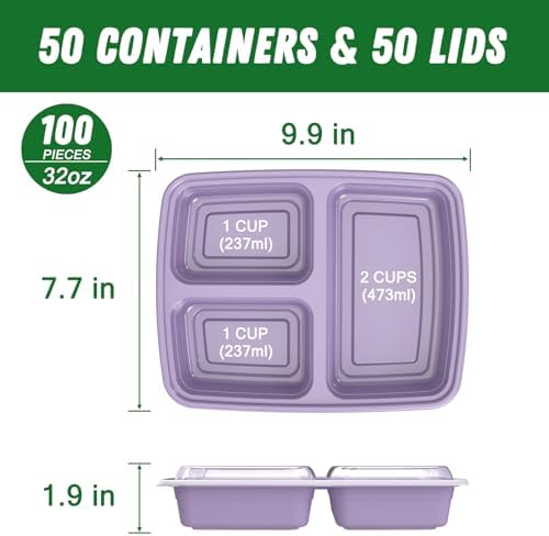Dealusy 50 Pack 32 oz Meal Prep Containers with Lids 3-Compartment, Lilac - Image 2