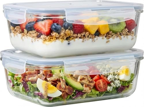 4pc Set - 8 Cup/64oz Large Glass Food Storage Containers with Lids Airtight Meal Prep Container with Lid Lock - Freezer Microwave & Oven Safe Clear Lunch Bowl Stackable Baking Pantry Organizer (2Pack) by LERAZE