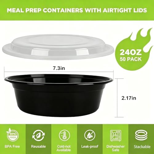Meal Prep Containers, 50Pack 24oz Round To Go Bowls with Lids - Image 2