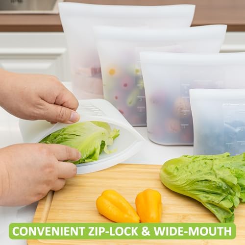 Reusable Silicone Food Storage Bags Quart 4 Pack, Stand Up Ziplock Reusable Freezer Sandwich Bag Containers for Food Travel, Freezer Microwave Oven Dishwasher Safe, Translucent, 33.8fl.oz - Image 4
