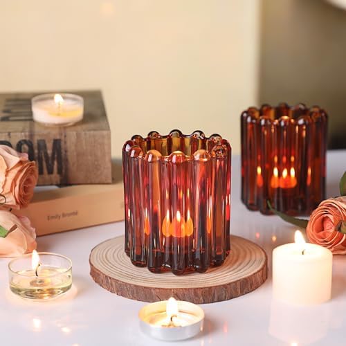 12PCS Glass Amber Votive Candle Holder, Ribbed Tealight Candle Holders - Image 7