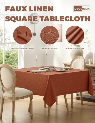 Decorelia Faux Linen Square Tablecloth for Dining Room,Waterproof Texture Decorative Farmhouse Table Cloth for Indoor Outdoor Party, Holiday, Banquet Picnics, Patio,70 x 70 Inch (Square),Burnt Orange - Image 3